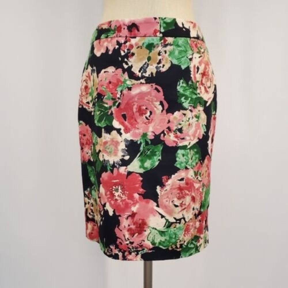 Talbots Floral Pencil Skirt 6P Petites Career Work Roses Black Pink Stretch